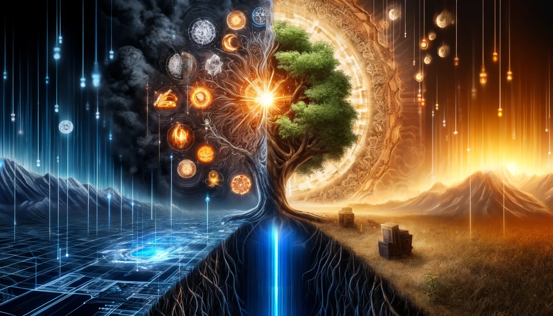A digital tree of knowledge split in two, representing the duality of knowledge and temptation in the Garden of Eden and the modern digital age. pen_spark