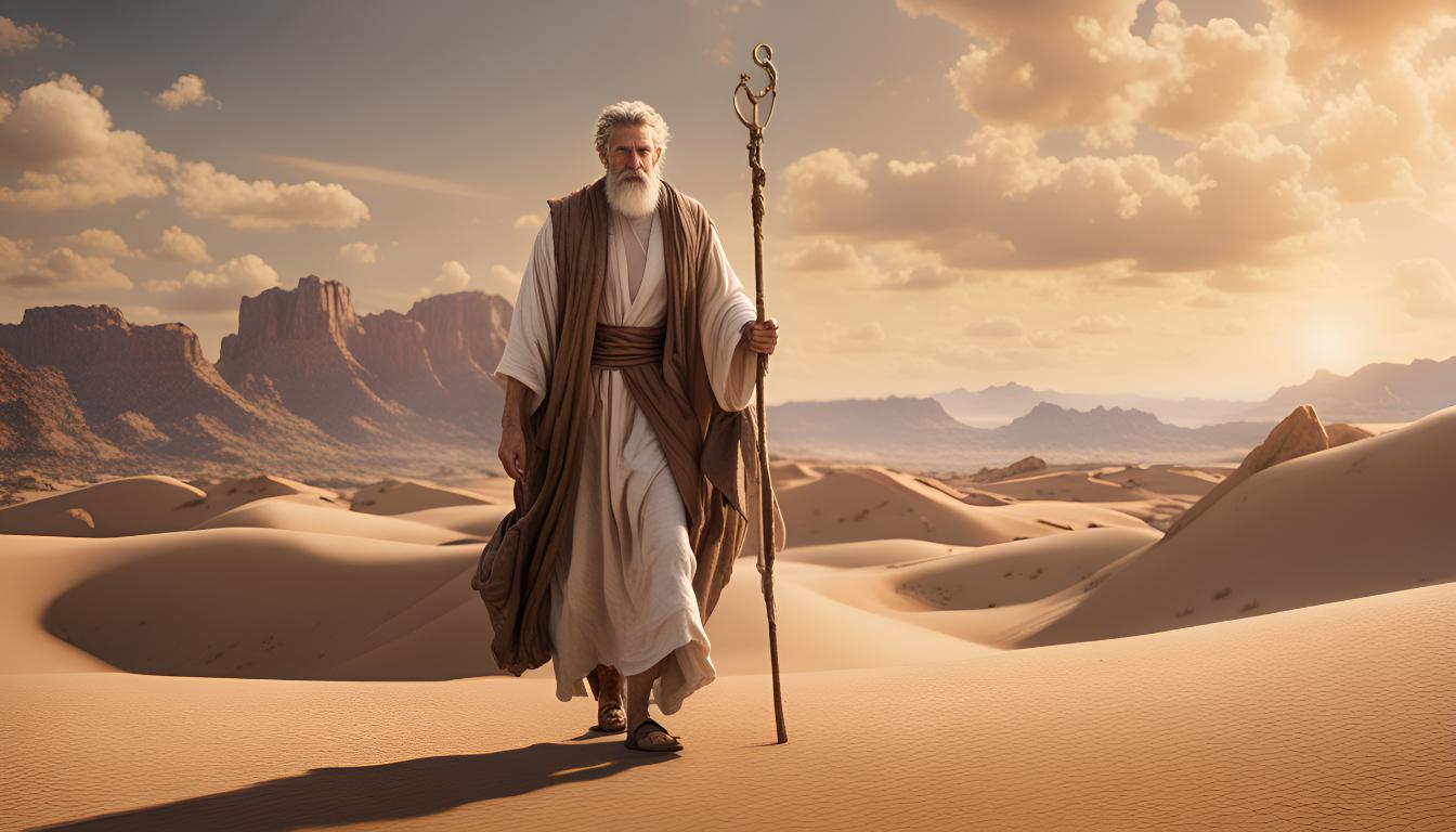 An image of Abraham stepping out in faith, dressed in ancient garb and holding a staff. The scene features a wide-angle shot of a desert background with a bright sky, evoking determination and trust in God, inspired by a biblical journey.