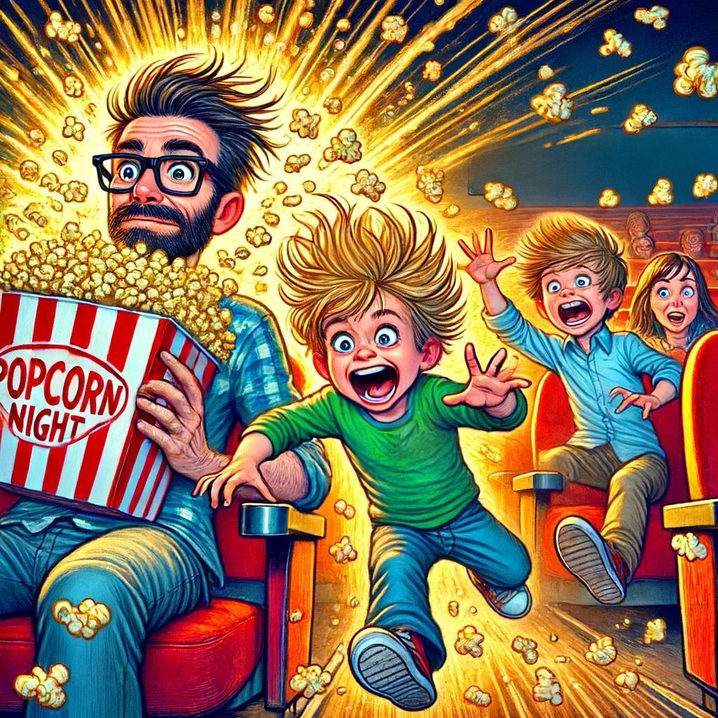 A humorous and chaotic cartoon-style illustration of a dad with glasses and a neatly trimmed beard chasing his young blonde-haired son down the aisle of a movie theater. Popcorn is flying everywhere, and the older brown-haired brother and a woman are in the background, reacting with exaggerated expressions of surprise and amusement. The vibrant, exaggerated scene captures the fun and chaos of a family movie night gone awry.